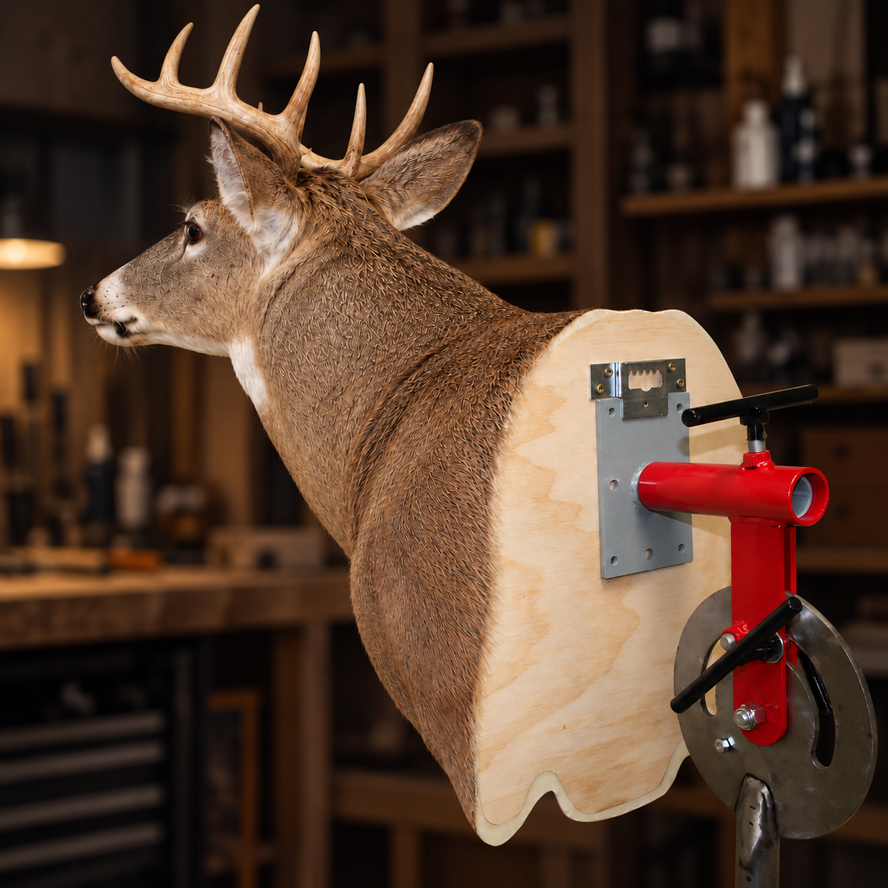 Finished whitetail shoulder mount with HHH hanger and stand in a workshop