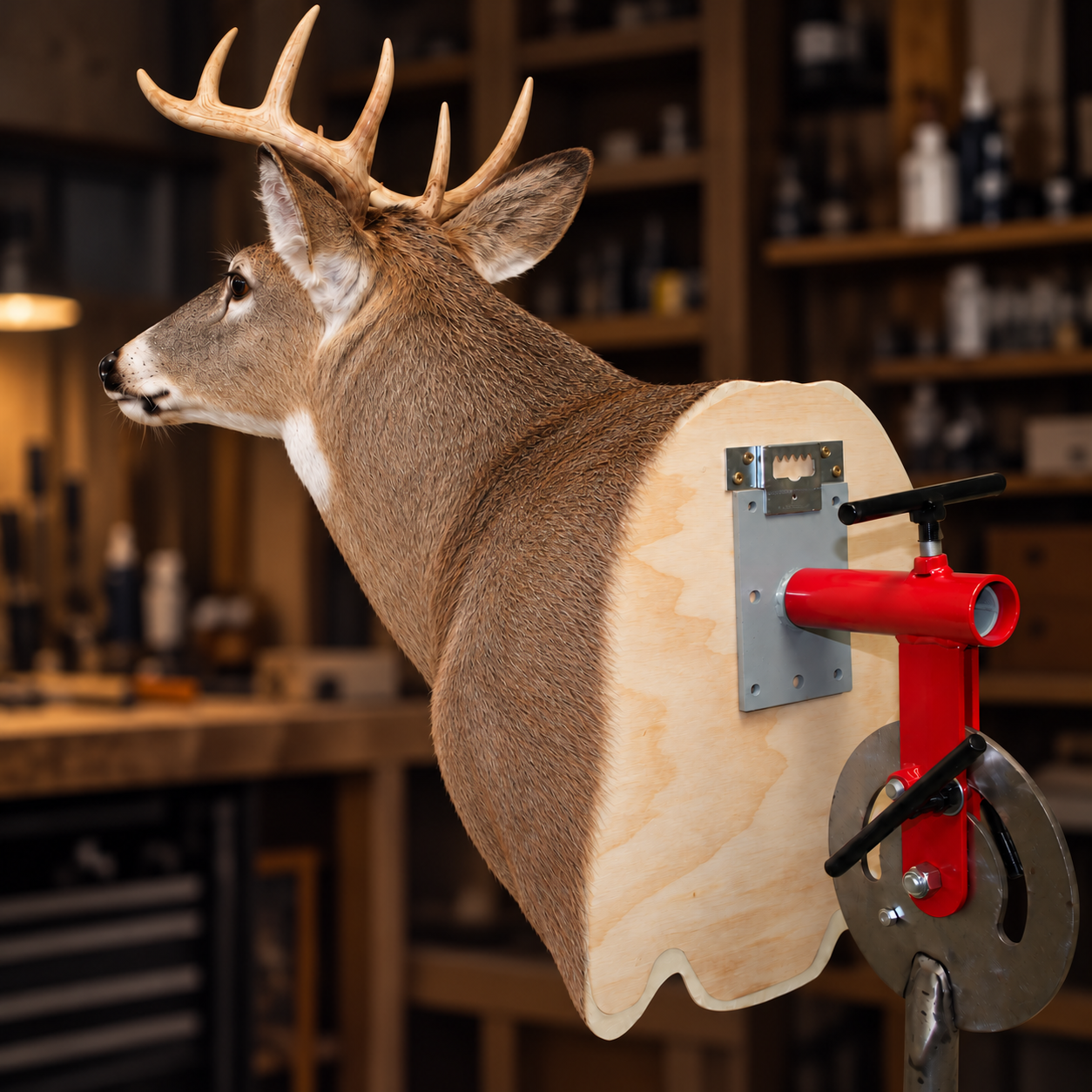 Finished whitetail shoulder mount with HHH hanger and stand in a workshop