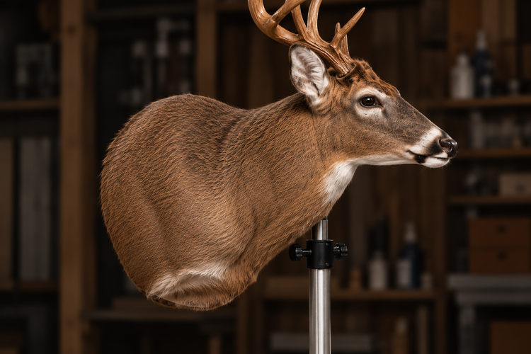 Finished whitetail shoulder mount supported on a workshop stand